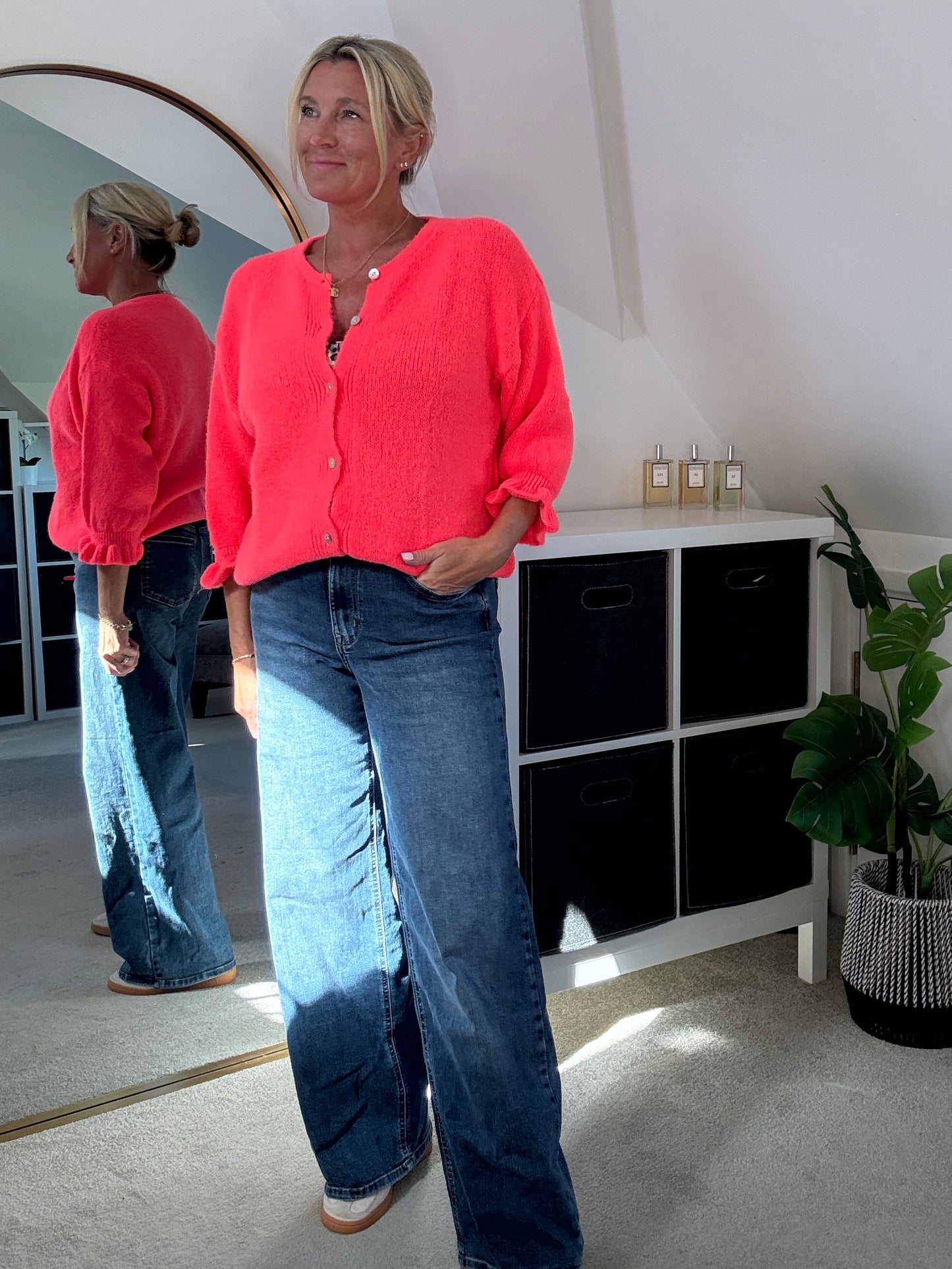 Neon Coral Alpaca Mix Frill Sleeve Cardigan