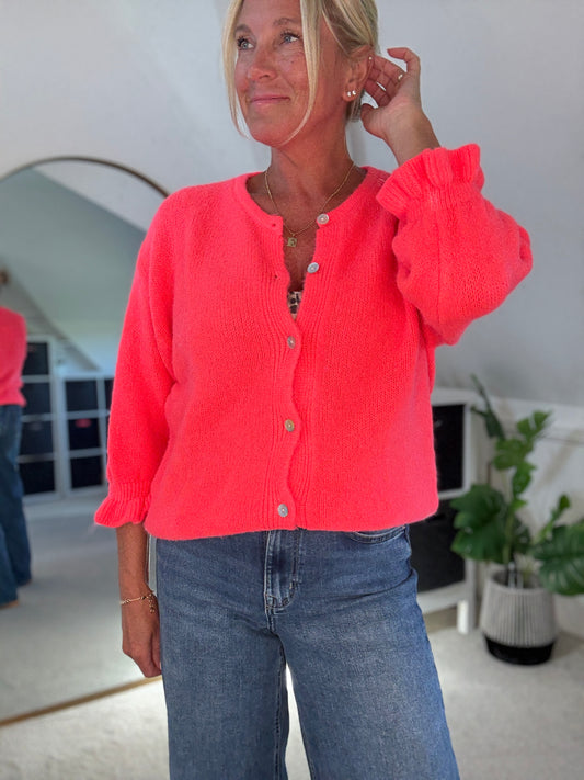 Neon Coral Alpaca Mix Frill Sleeve Cardigan