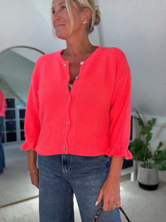 Neon Coral Alpaca Mix Frill Sleeve Cardigan