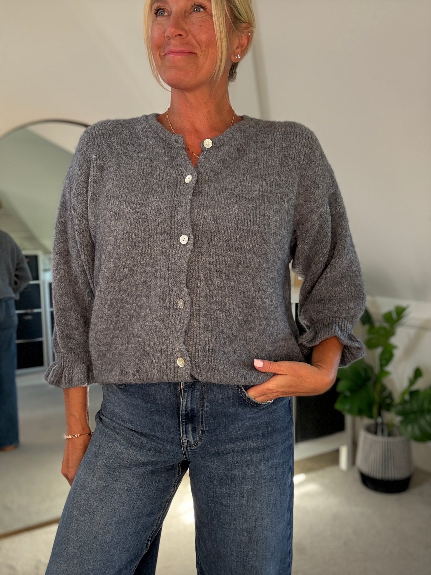 Grey Alpaca Mix Frill Sleeve Cardigan