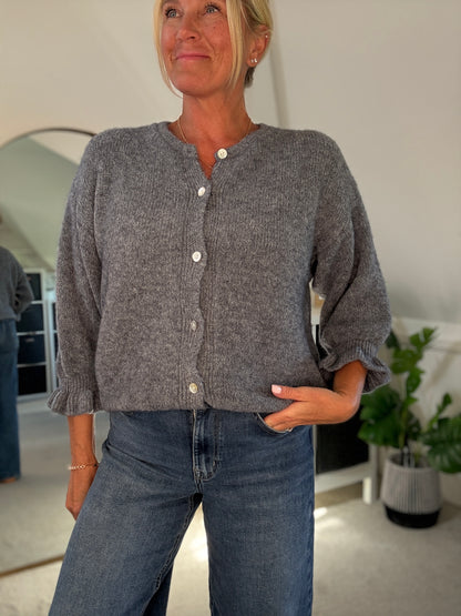Grey Alpaca Mix Frill Sleeve Cardigan