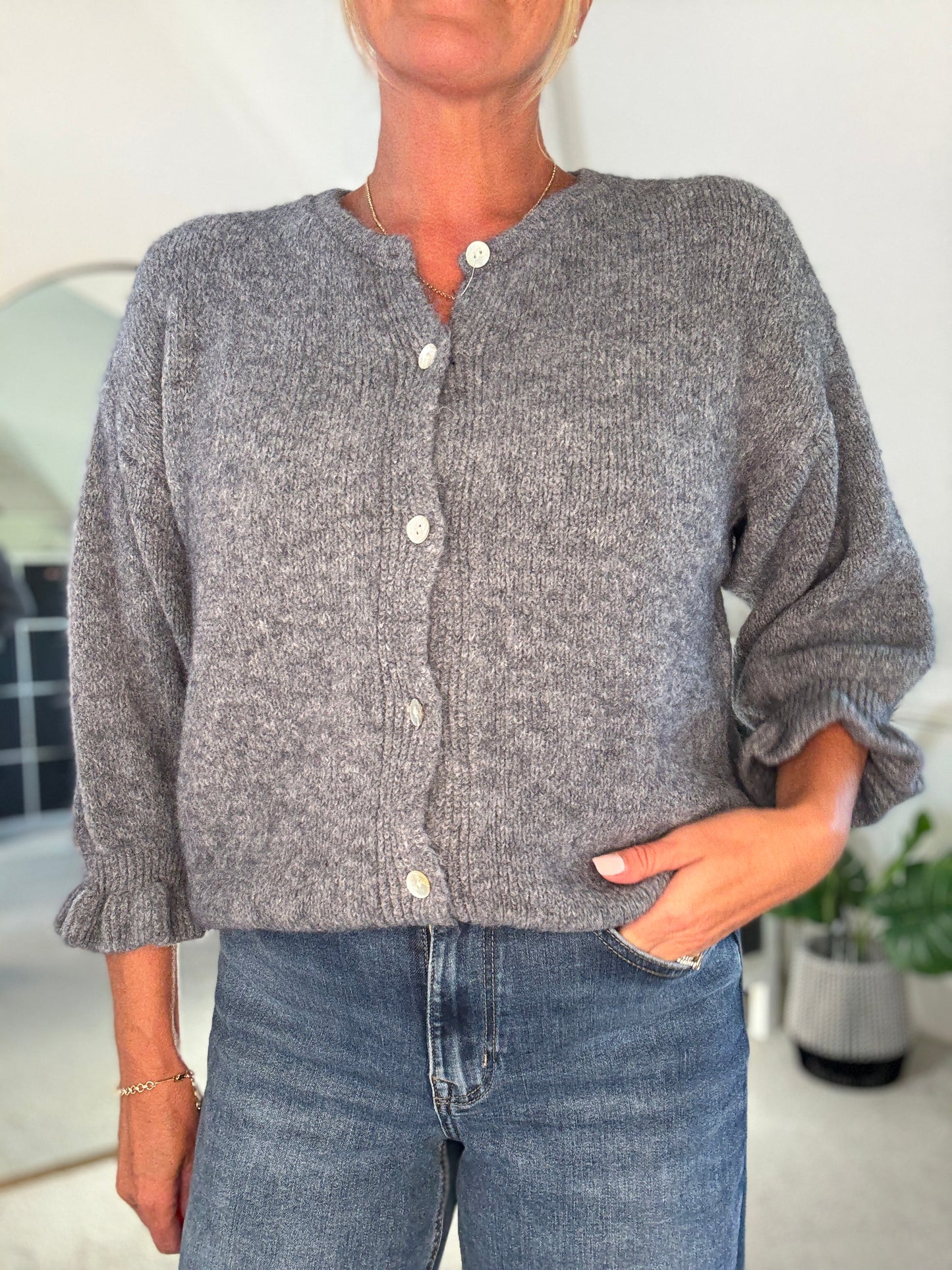 Grey Alpaca Mix Frill Sleeve Cardigan