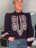 Navy High Neck Embroidered Blouse