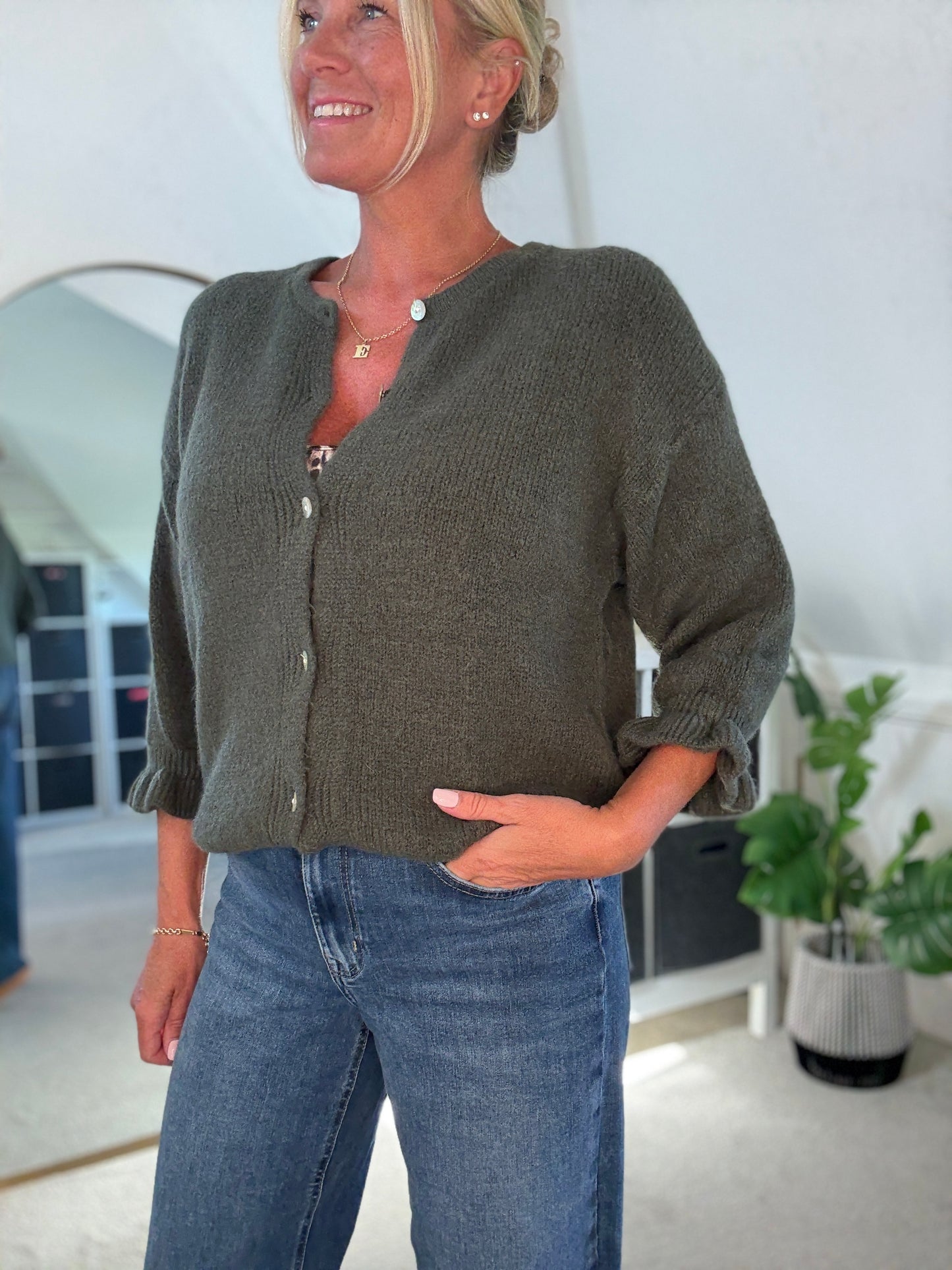 Chocolate Alpaca Mix Frill Sleeve Cardigan
