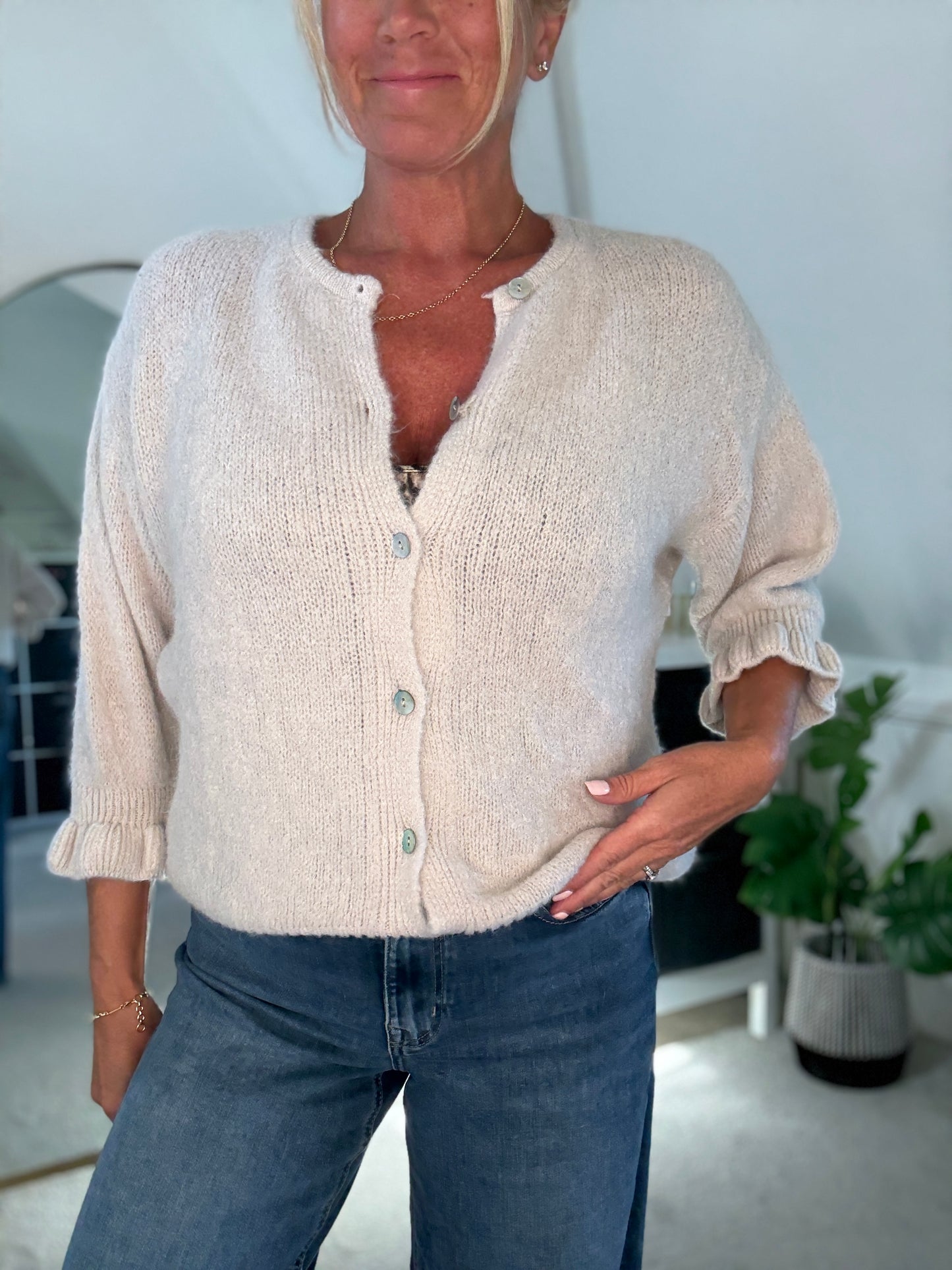 Oatmeal Alpaca Mix Frill Sleeve Cardigan