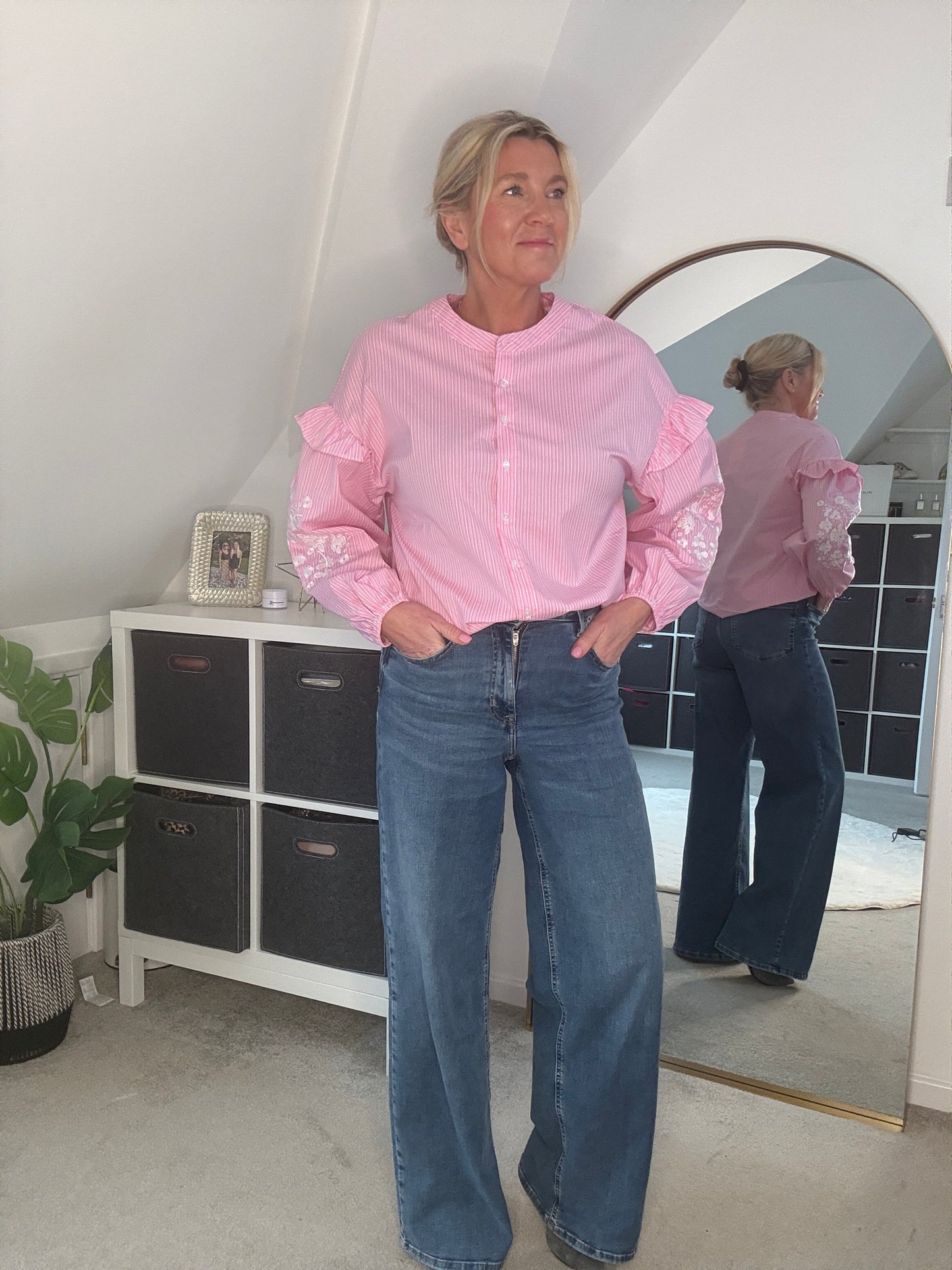Blue Pinstripe Embroidered Sleeve Shirt