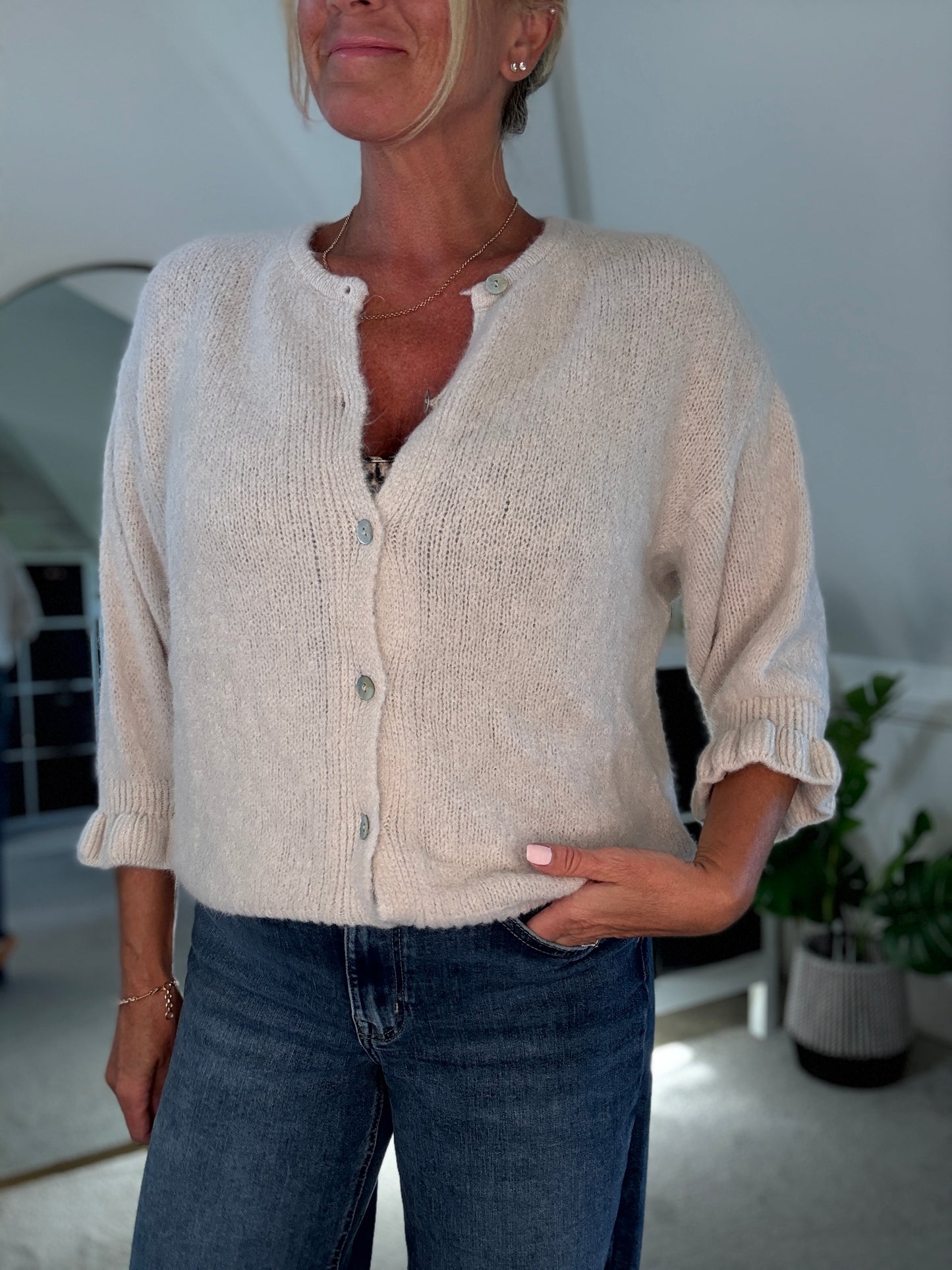 Oatmeal Alpaca Mix Frill Sleeve Cardigan