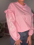 Pink Pinstripe Embroidered Sleeve Shirt