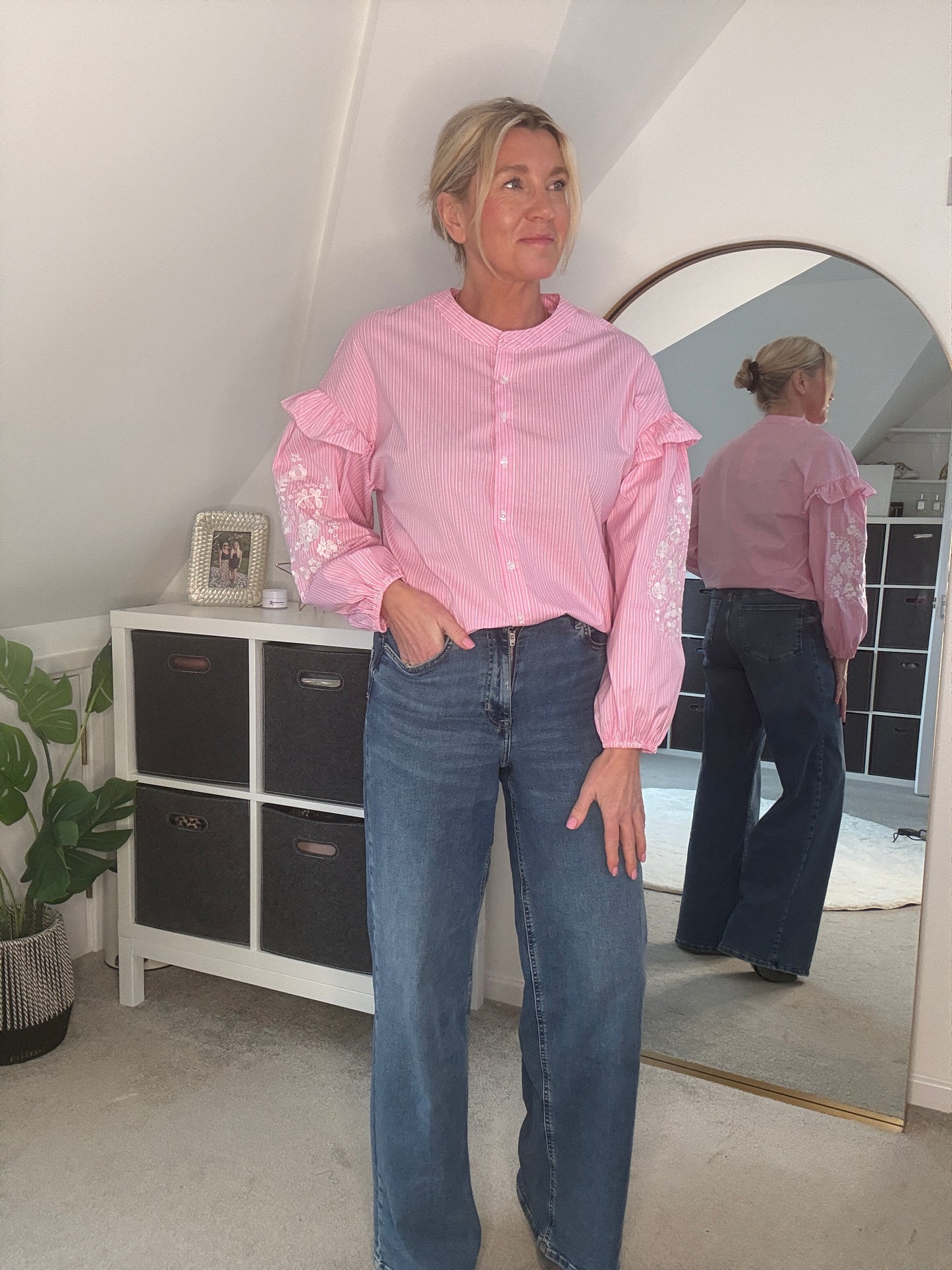 Blue Pinstripe Embroidered Sleeve Shirt