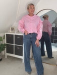 Pink Pinstripe Embroidered Sleeve Shirt