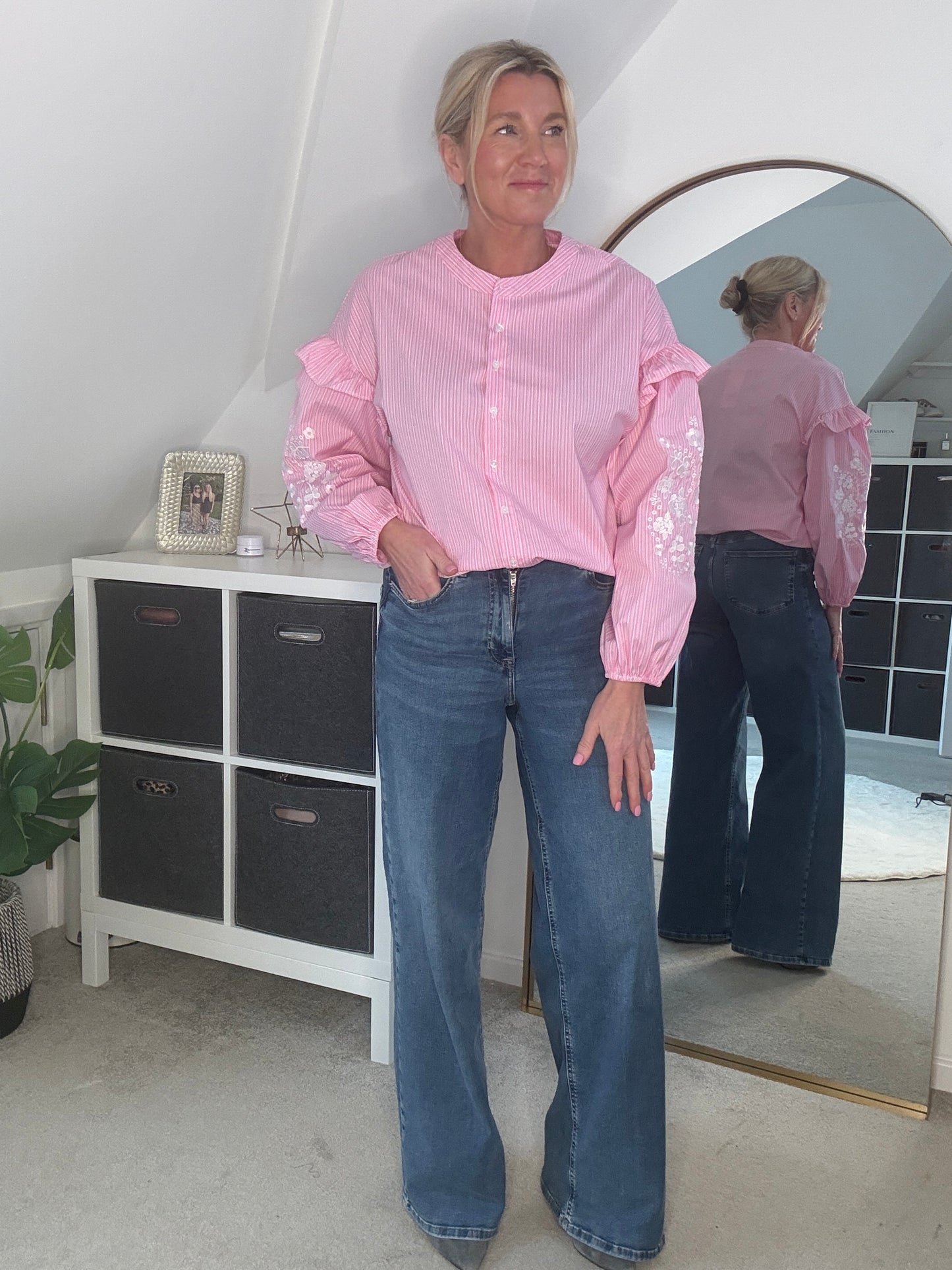 Blue Pinstripe Embroidered Sleeve Shirt