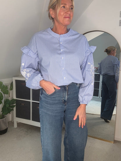 Blue Pinstripe Embroidered Sleeve Shirt