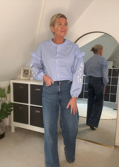 Blue Pinstripe Embroidered Sleeve Shirt