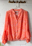 Orange/Pink Printed Ruffle Sleeve Blouse