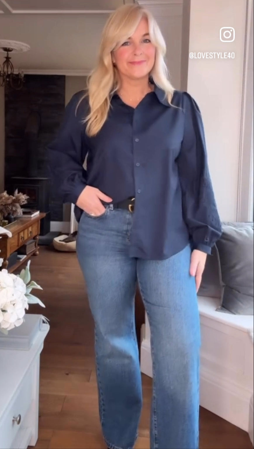 Navy Embroidery Anglaise Sleeve Blouse
