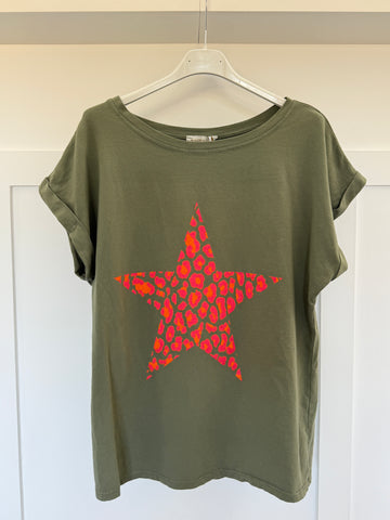 Khaki Neon Leopard Star T Shirt