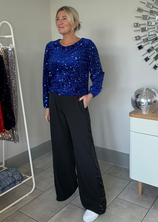 Black Sequin Stripe Wide Leg Trousers