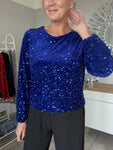 Cobalt Velvet Sequin Bow Back Top