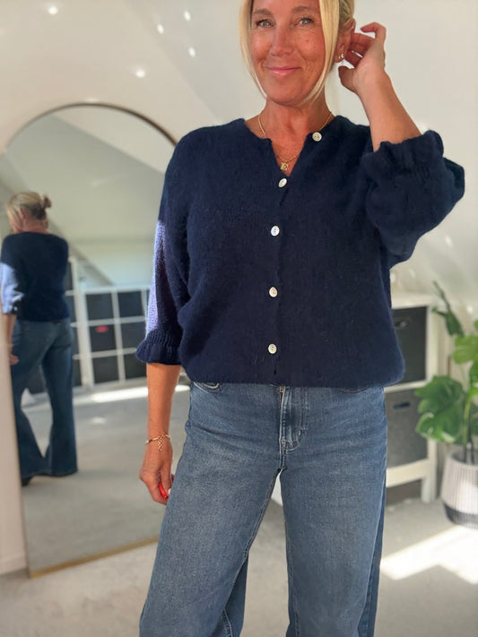 Navy Alpaca Mix Frill Sleeve Cardigan