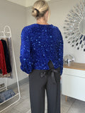 Cobalt Velvet Sequin Bow Back Top