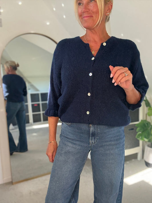 Navy Alpaca Mix Frill Sleeve Cardigan