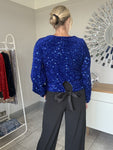 Cobalt Velvet Sequin Bow Back Top