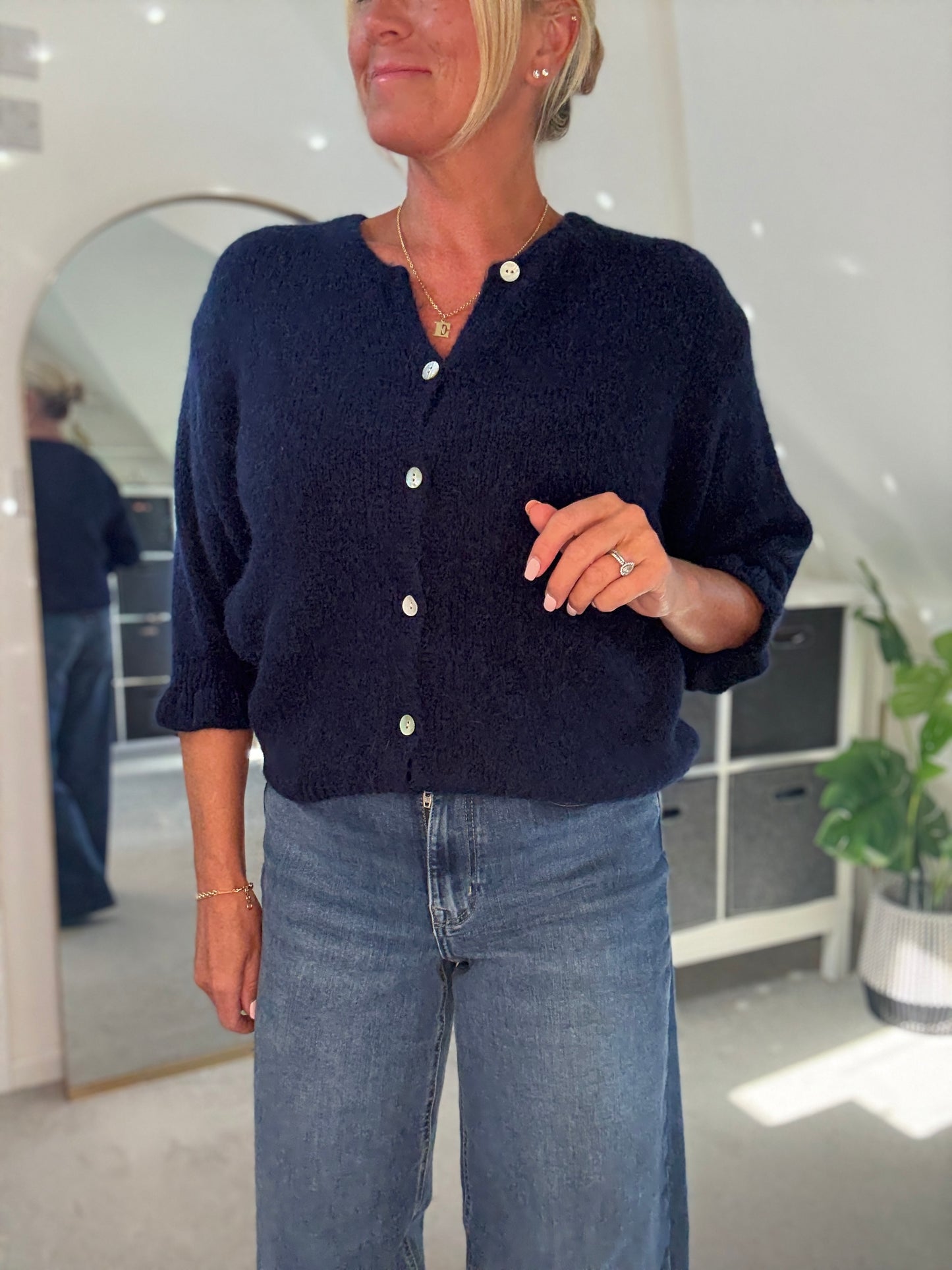 Navy Alpaca Mix Frill Sleeve Cardigan