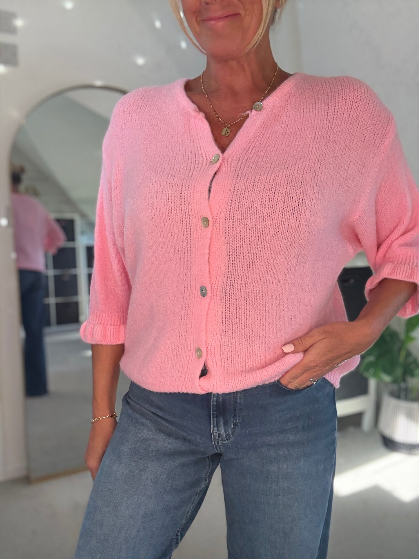Pink Alpaca Mix Frill Sleeve Cardigan