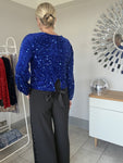 Cobalt Velvet Sequin Bow Back Top