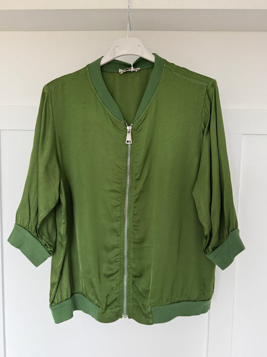 Fern Green Silk Mix 1/2 Sleeve Bomber Jacket
