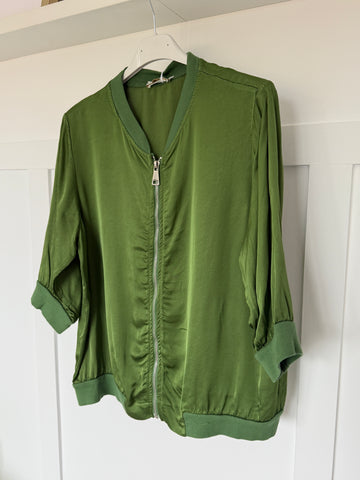 Fern Green Silk Mix 1/2 Sleeve Bomber Jacket