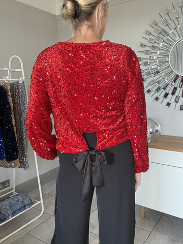 Red Velvet Sequin Bow Back Top