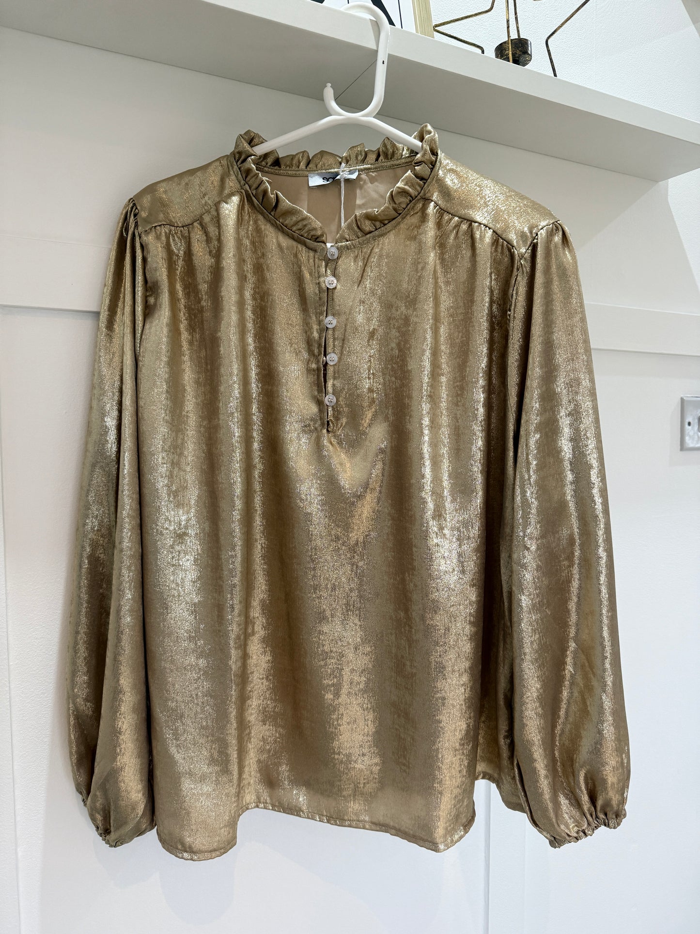 Gold Metallic Ruffle Neck Blouse