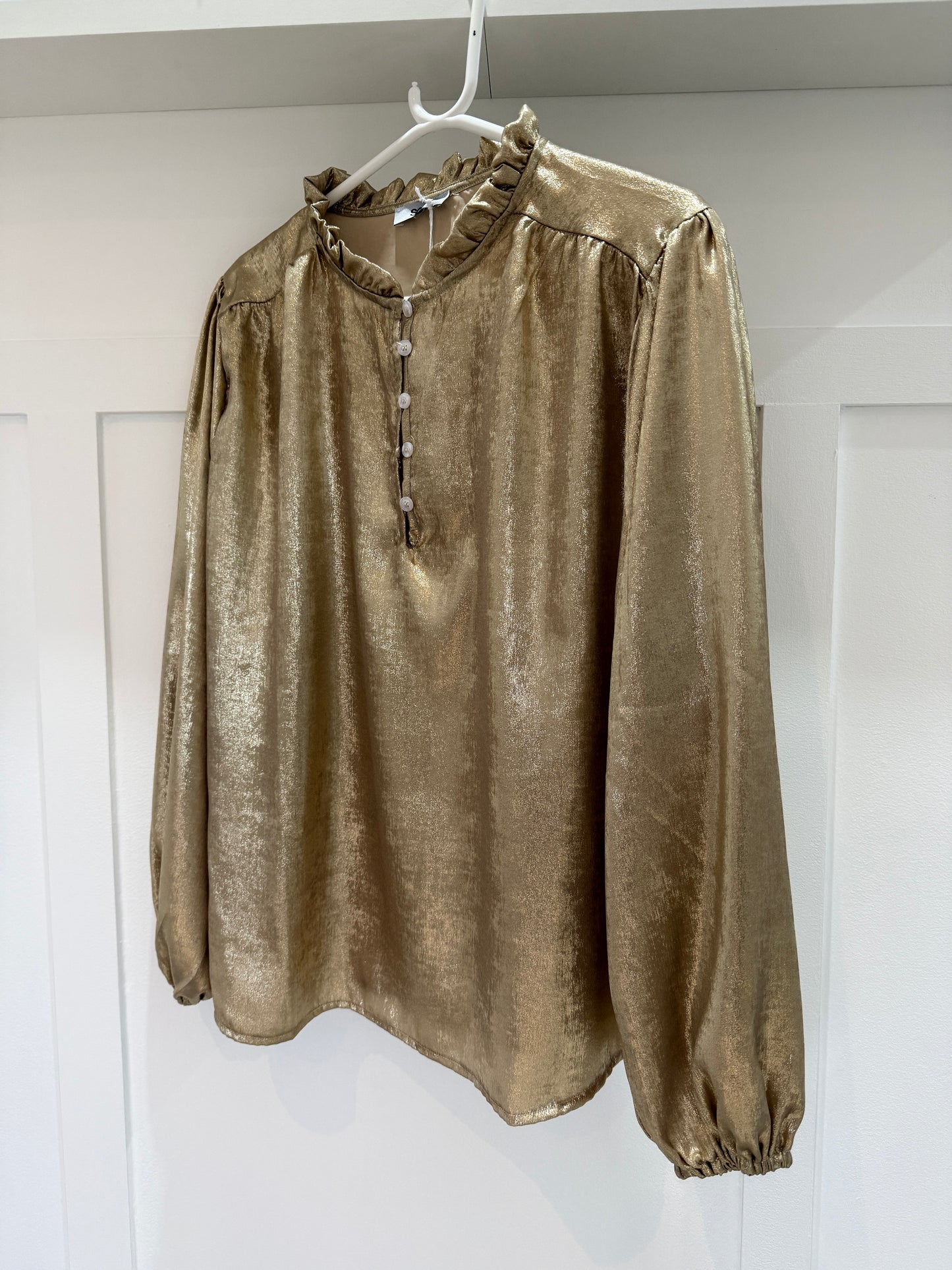Gold Metallic Ruffle Neck Blouse
