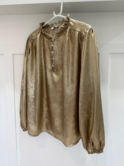 Gold Metallic Ruffle Neck Blouse