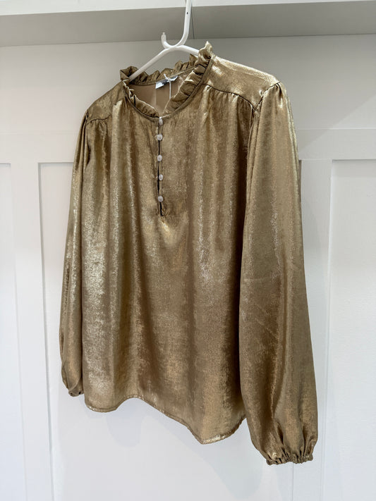 Gold Metallic Ruffle Neck Blouse