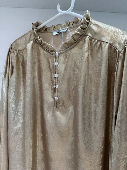 Gold Metallic Ruffle Neck Blouse