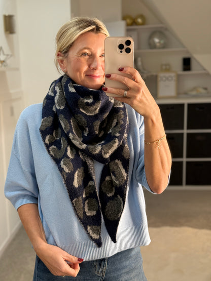 Navy Triangle Leopard Print Scarf