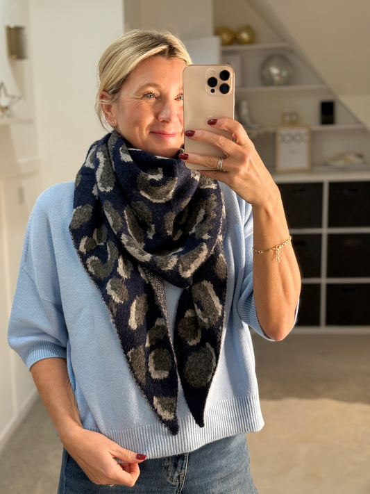Navy Triangle Leopard Print Scarf