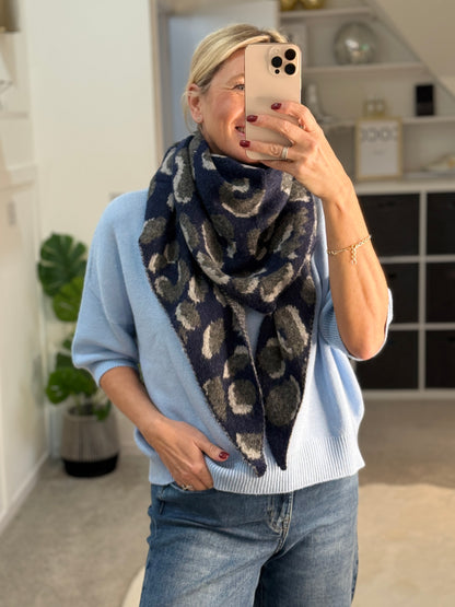 Navy Triangle Leopard Print Scarf