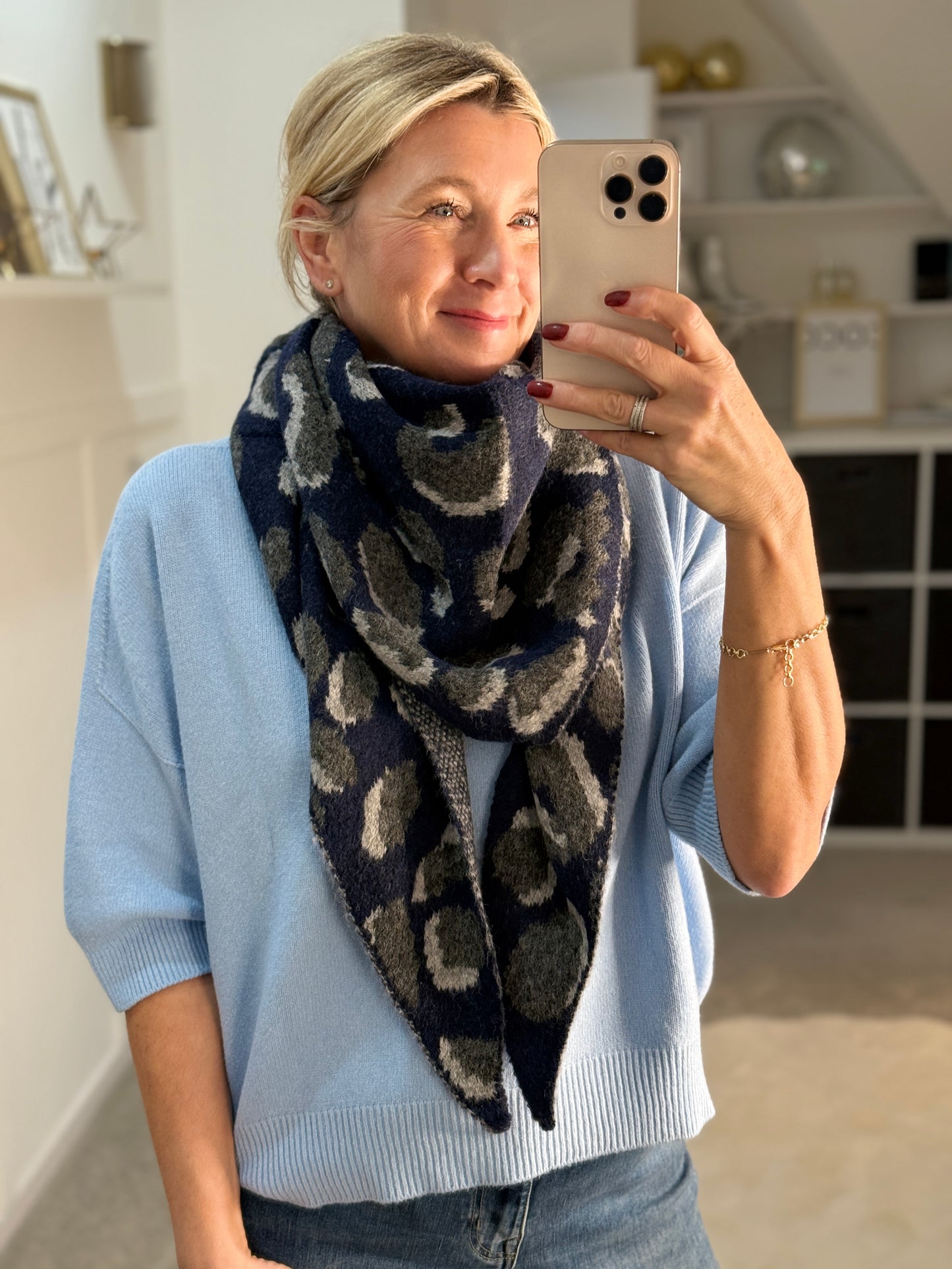 Navy Triangle Leopard Print Scarf