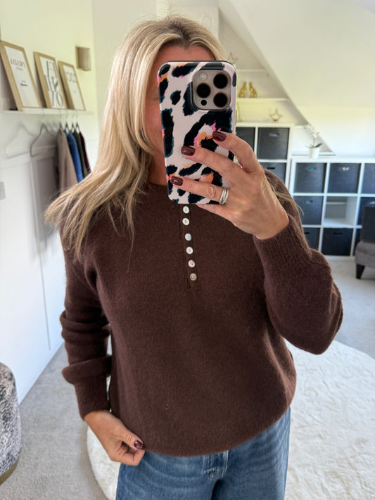 Chocolate Alpaca Mix Button Jumper