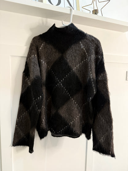 Brown/Black Argyle Funnel Neck Jumper