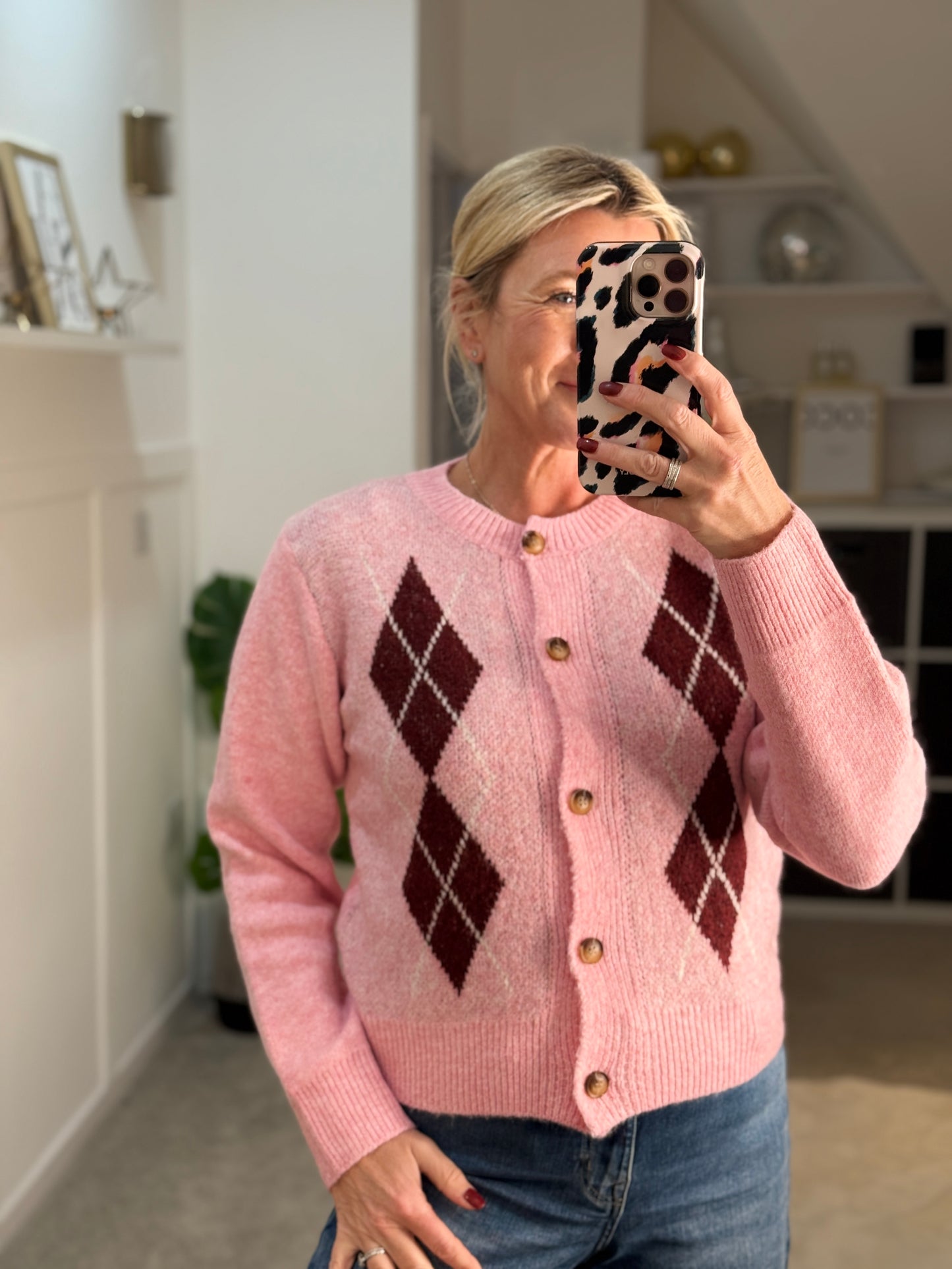 Pink/Burgundy Argyle Cardigan