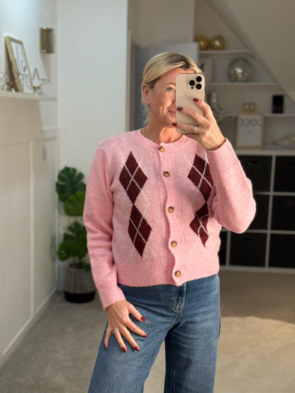 Pink/Burgundy Argyle Cardigan