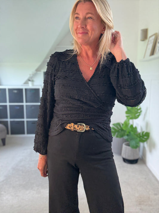 Black Pretty Ruffle Wrap Top