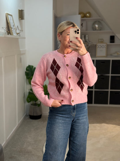 Pink/Burgundy Argyle Cardigan