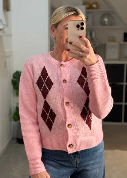 Pink/Burgundy Argyle Cardigan
