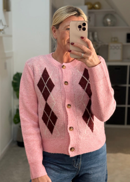 Pink/Burgundy Argyle Cardigan