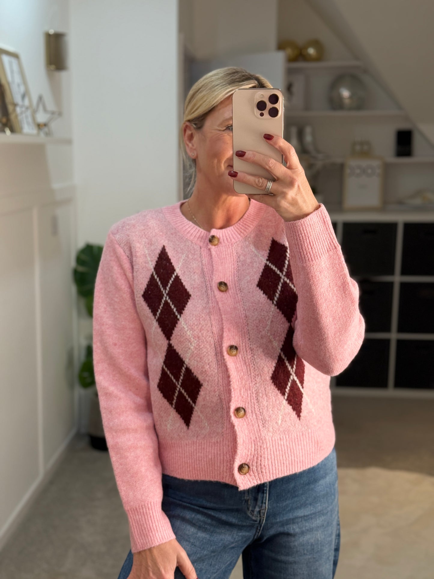 Pink/Burgundy Argyle Cardigan